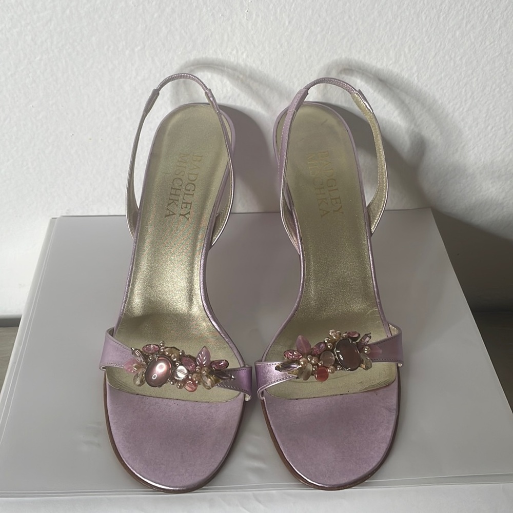 Badgley Mischka Leather Crystal Embellished Slingback Heel